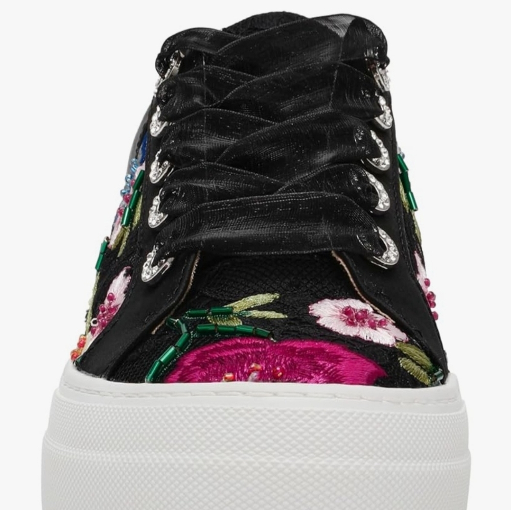Betsey Johnson Jayla Sneakers‎ Black With Multicolored Embroidery New In Box - Picture 3 of 7